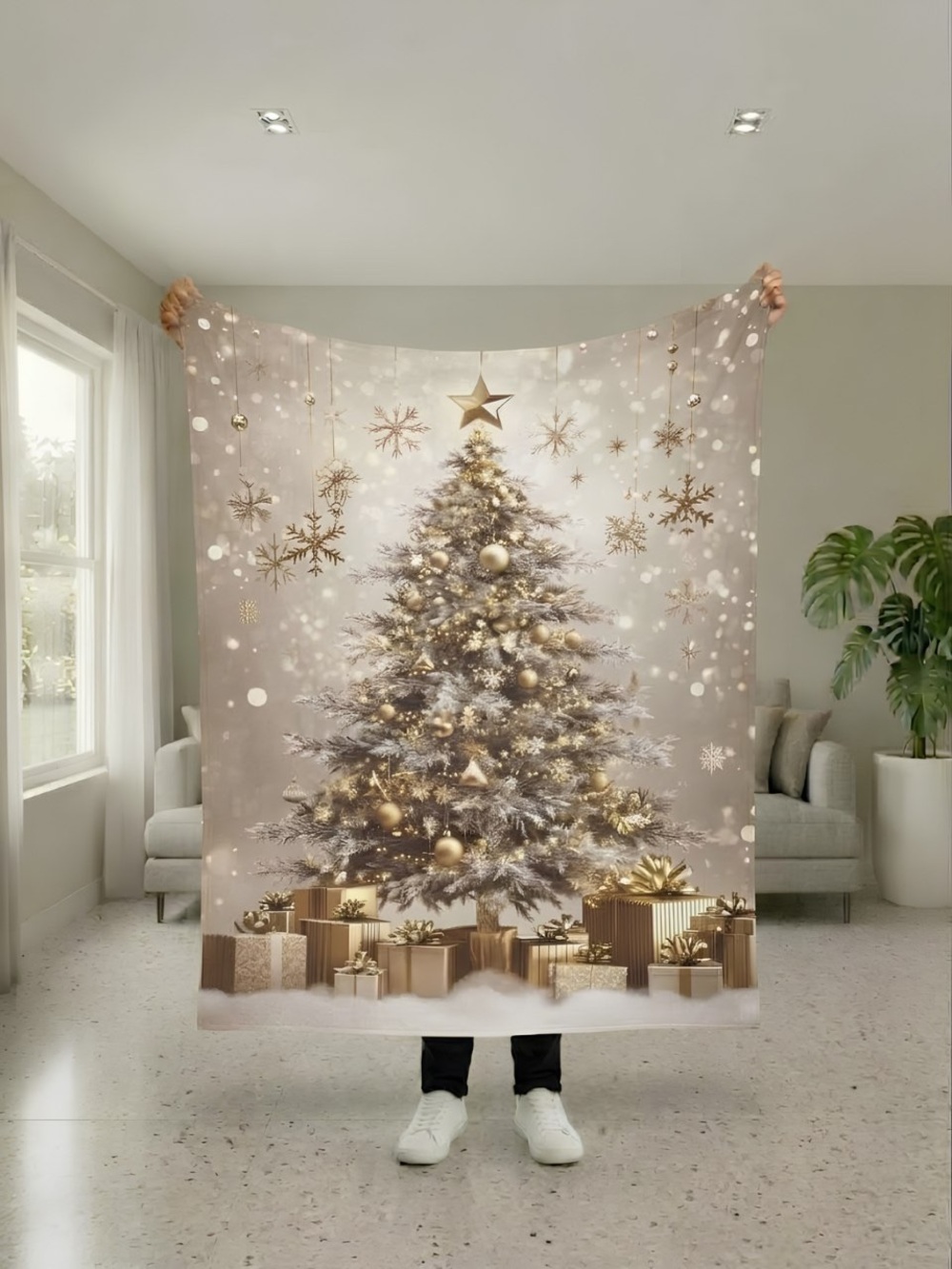 Gold & Cream Christmas Tree Holiday Throw Blanket